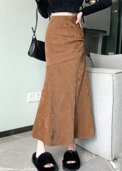 Khaki High Waist Patchwork Silk Velvet Fishtail Skirt Fall