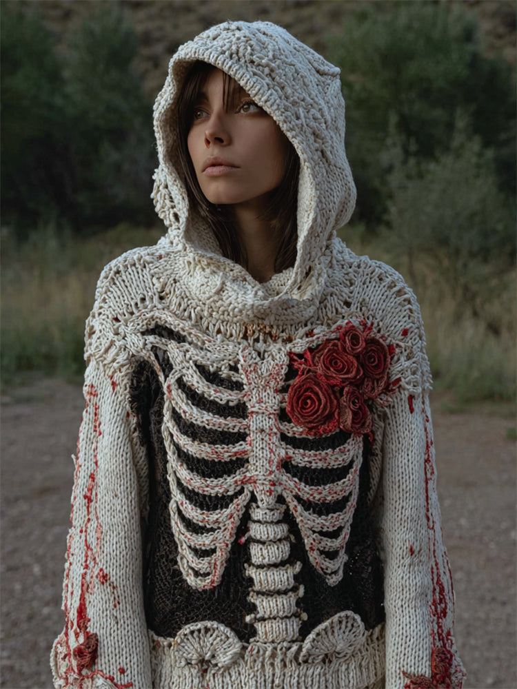 Comstylish Halloween Bleeding Roses Heart Skeleton Cozy Knit Hooded Sweater