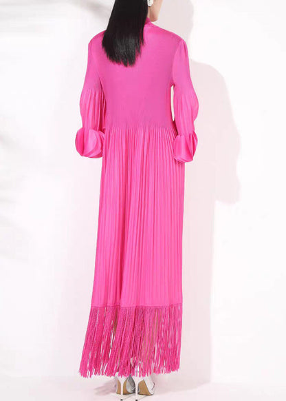 French Rose Turtleneck Wrinkled Tasseled Cotton Long Dressesfall