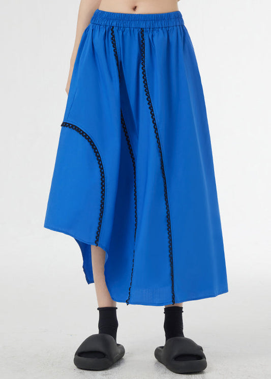 Loose Royal Blue Asymmetrical Pockets Patchwork Cotton a Line Skirts Summer