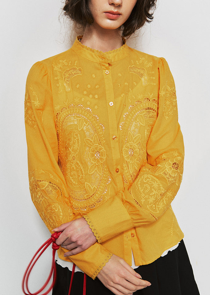 Yellow Embroidered Button Cotton Shirt Tops Fall