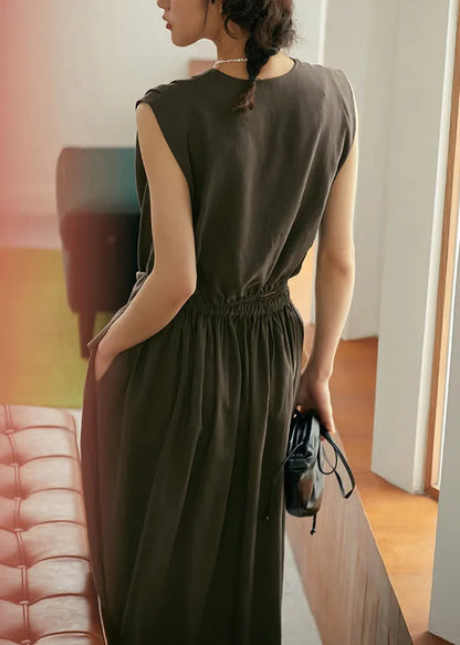 Retro Coffee V Neck Silk Tank Top and Maxi Skirts Two Piece Set Summer