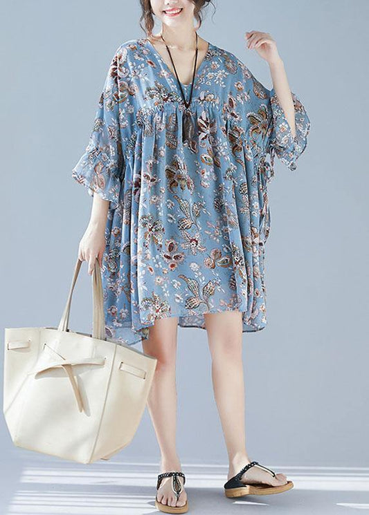 Blue V Neck Loose Print Summer Chiffon Long Dresses Half Sleeve