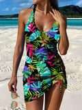 Colorful Leaves Pattern Print Pleated Drawstring V-neck Tankini Pantskirt Set Swimsuit