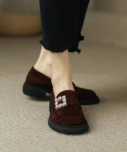 Brown Chunky Suede Zircon Splicing Loafer Shoes