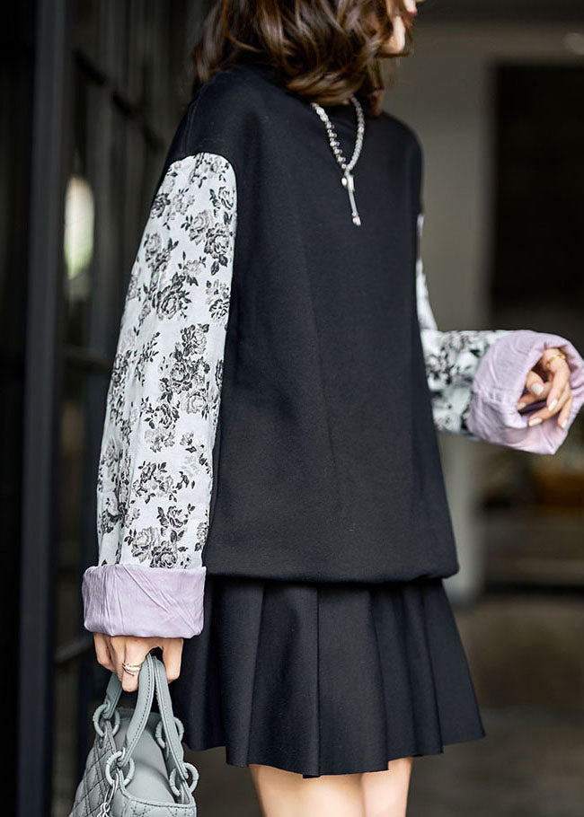 Black Oversized Patchwork Print Cotton Loose Sweatshirts Top Winter