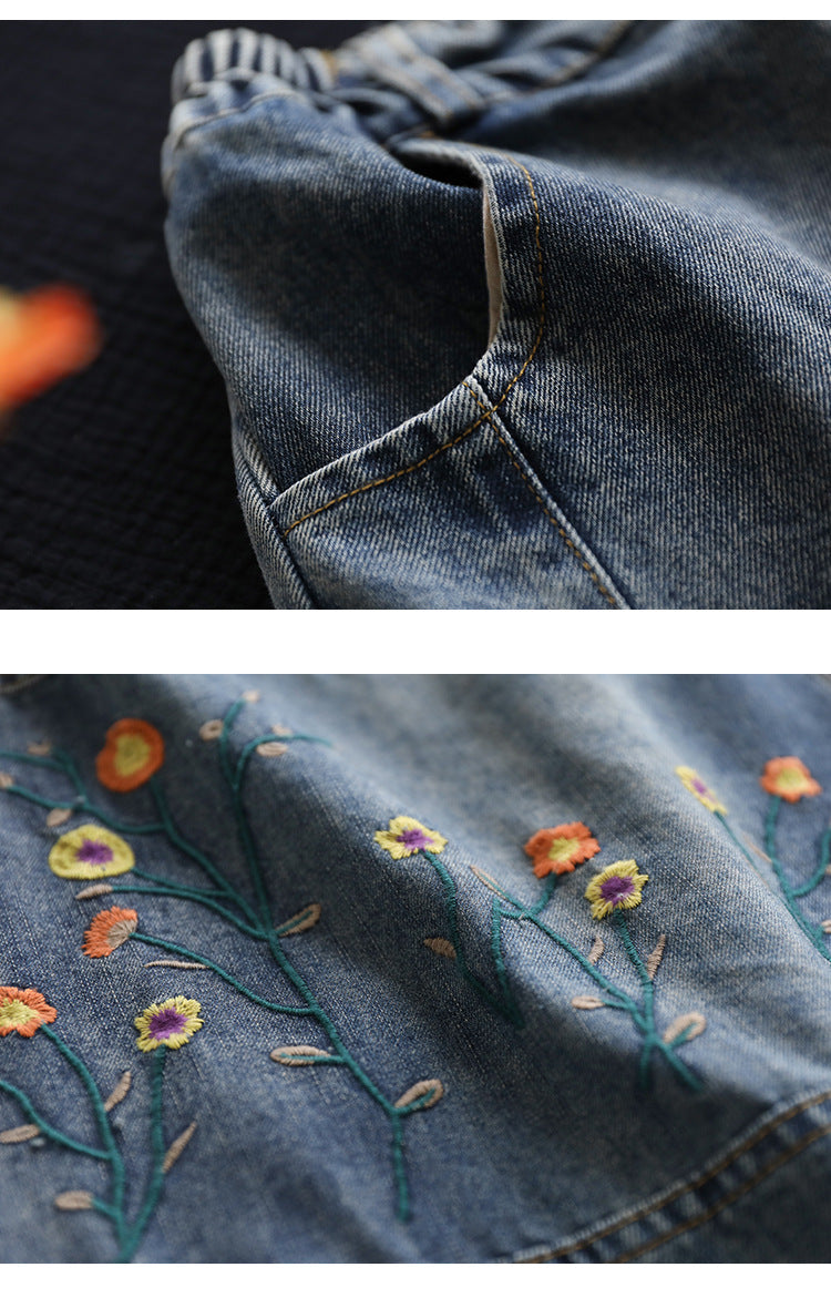 Denim Shredded Embroidered A-line Skirt
