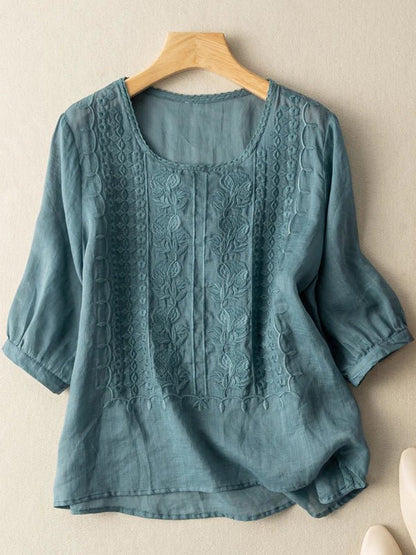 Embroidered Round Neck Half Sleeve Linen Tee Top