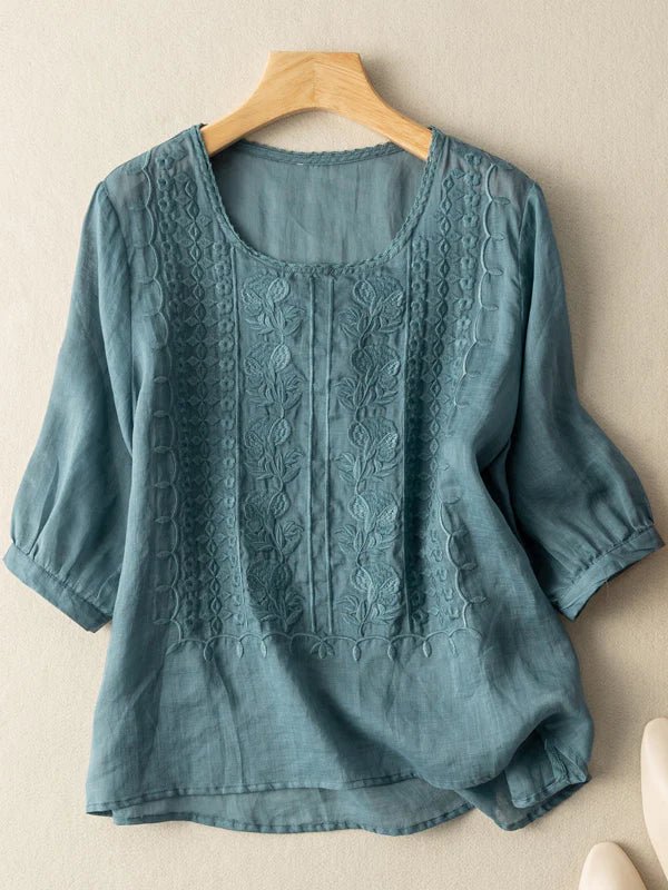 Embroidered Round Neck Half Sleeve Linen Tee Top