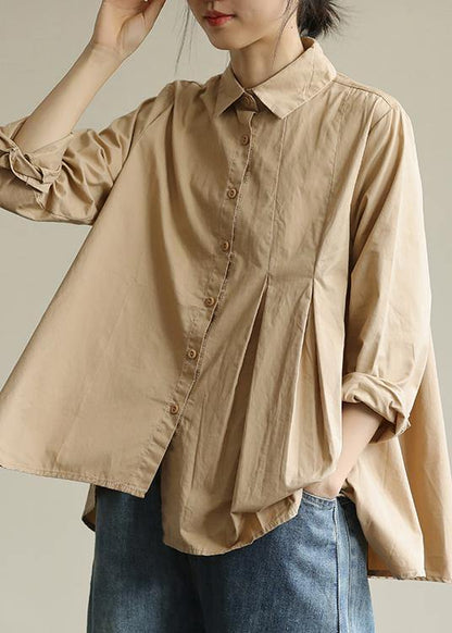 Organic Khaki Tunic Lapel Asymmetric Short Shirt