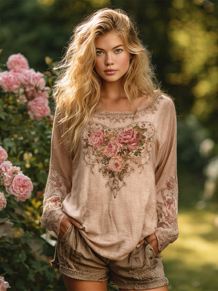 Boho Floral Embroidered Lace Women's Casual Linen Shirt elevenforest