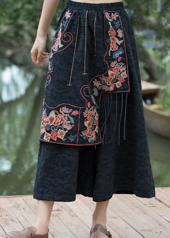 Navy Embroidered Patchwork Cotton Crop Pants Summer