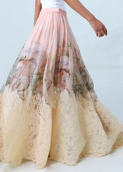 Pink Print Wrinkled Patchwork Lace Skirts Spring
