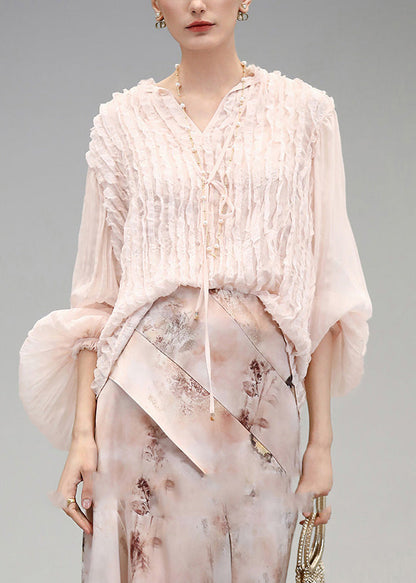 Pink V Neck Wrinkled Chiffon Tops Fall