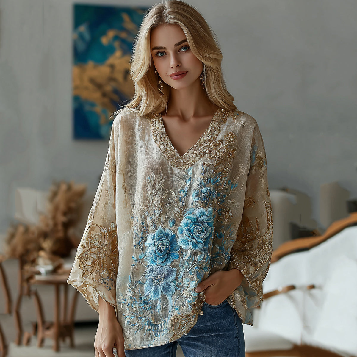 Vintage Marble Texture Collection Bohemia Gradient Gilded Pattern Linen V Neck T-shirt elevenforest