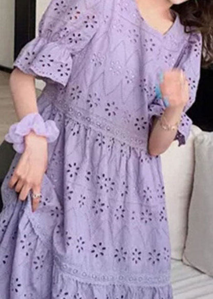 Purple Embroidered Hollow Out Patchwork Cotton Dress Puff Sleeve