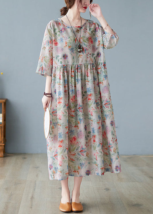 Wrinkled Print Exra Large Hem Linen Long Dress Three Quarter Sleeve