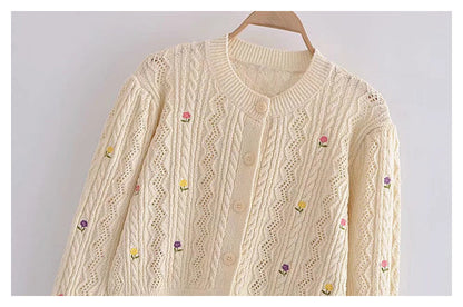 Flower Embroidery Round Neck Knitted Sweater Cardigan Coat 7303