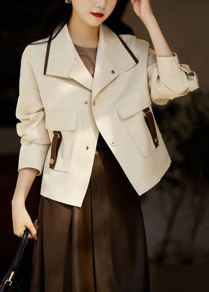 White Peter Pan Collar Patchwork Pockets Cotton Coats Fall