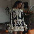 Comstylish Women's Halloween Skeleton Bones Leather With Rose Cozy Knit Mini Sweater Dress