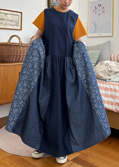 Navy Pockets Patchwork Cotton Tank Dresses Sleeveless
