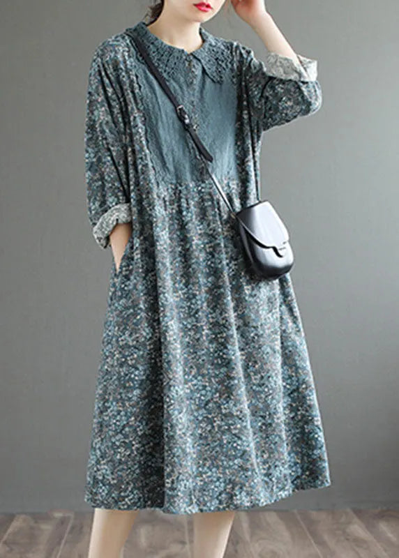 Blue Button Print Fall Dress Long Sleeve