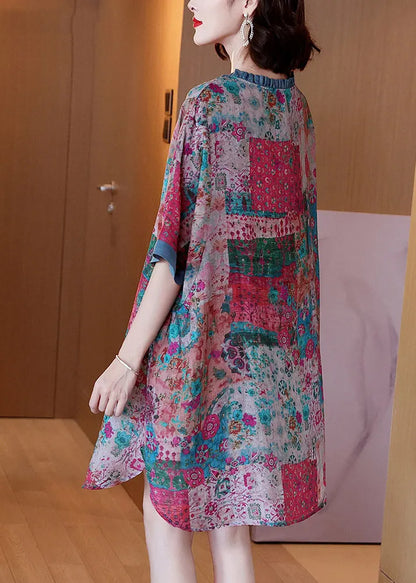 Red O-neck Print Button Side Open Linen Dress Half Sleeve