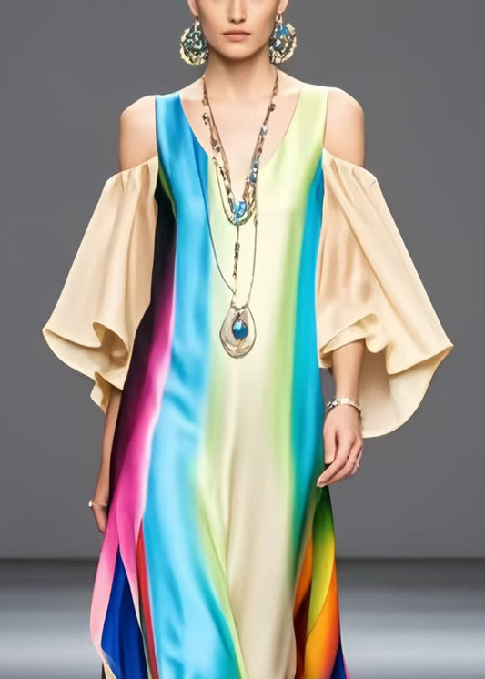 Organic Rainbow Cold Shoulder Tie Dye Silk Vestidos Dress Petal Sleeve