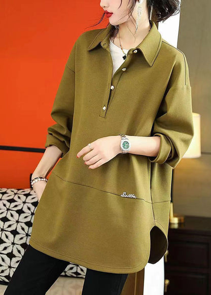 Army Green Peter Pan Collar Patchwork Cotton Shirts Fall