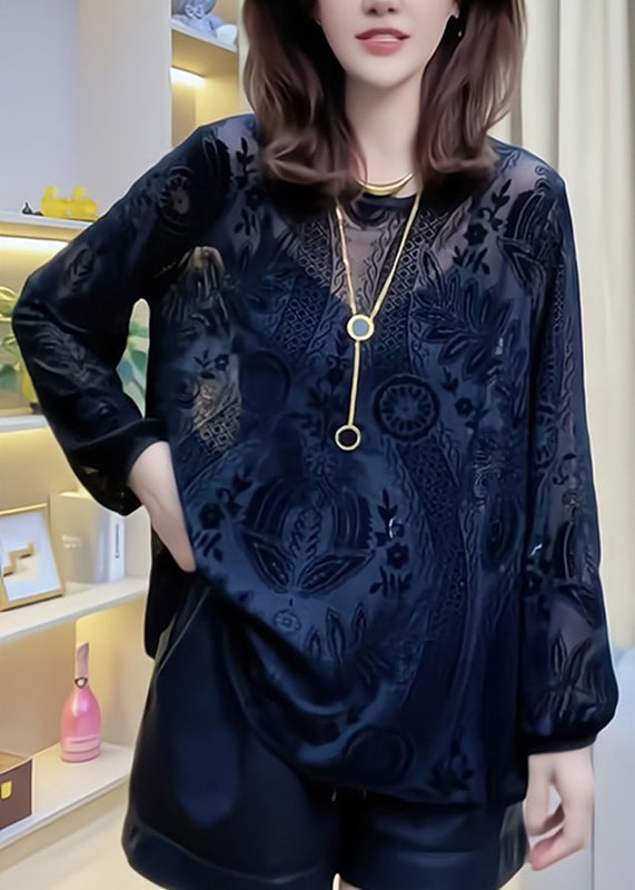 Hollow Out Lace Shirt Black V Neck Spring