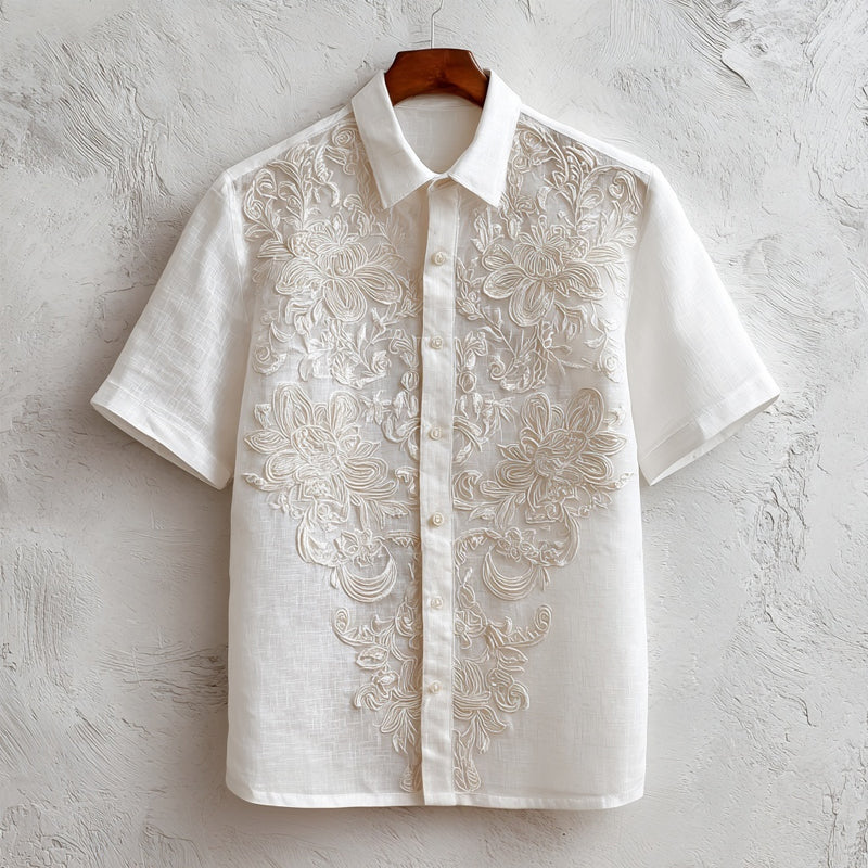 Men's Floral Lace Embroidered Cozy Linen Shirt elevenforest
