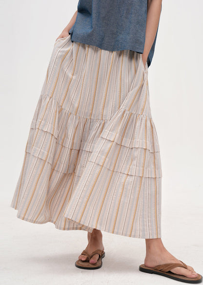 Apricot Striped Patchwork Cotton Skirt Summer