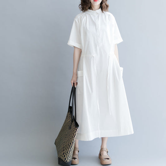 Baggy White Cotton Blended Dress Oversize Dress Short Sleeve Pockets Turn-down Collar Baggy Dresses Cotton Blended Clothing Dresses