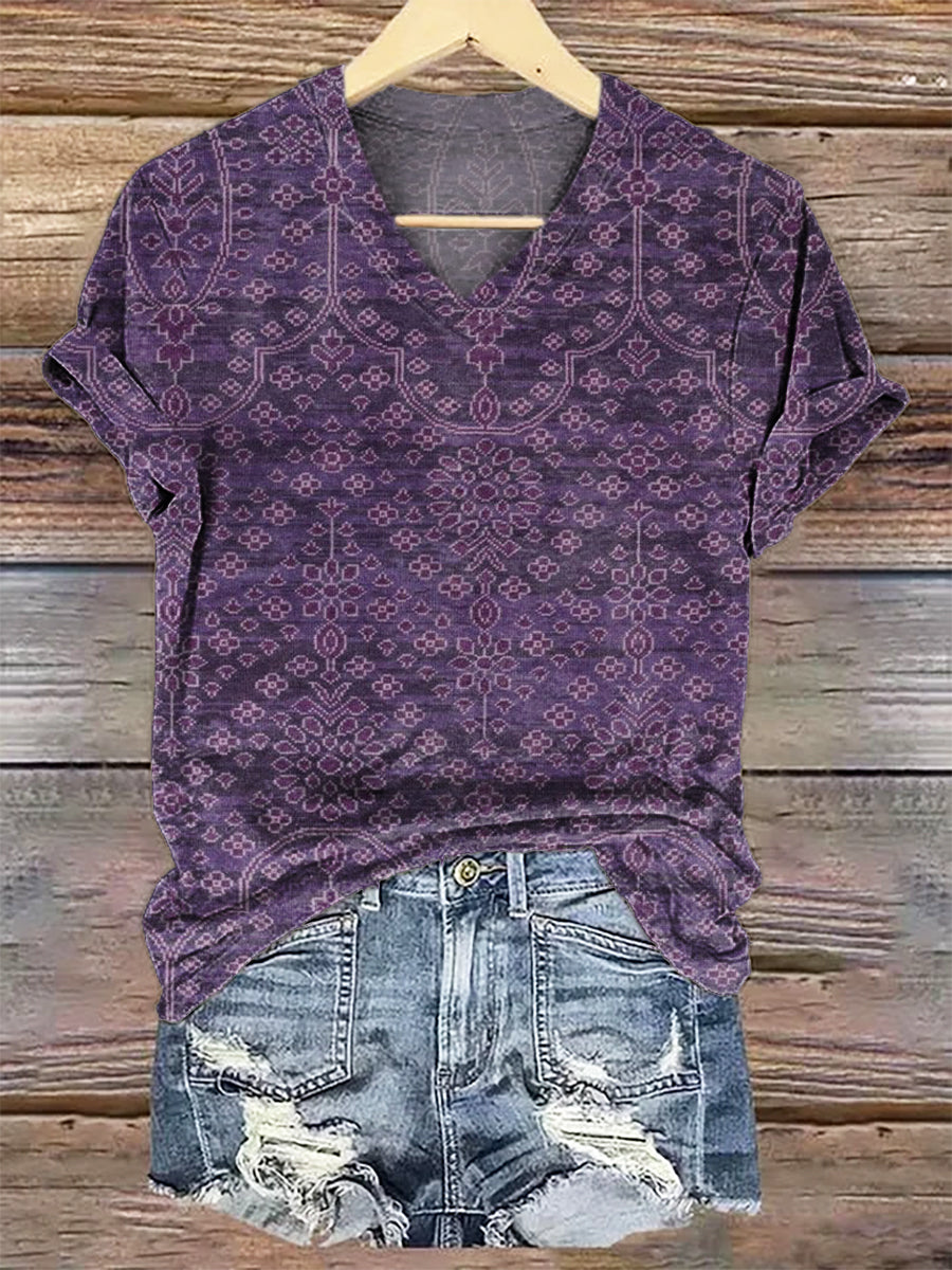 Women's Art Painting Hippie Print V-Neck T-Shirt