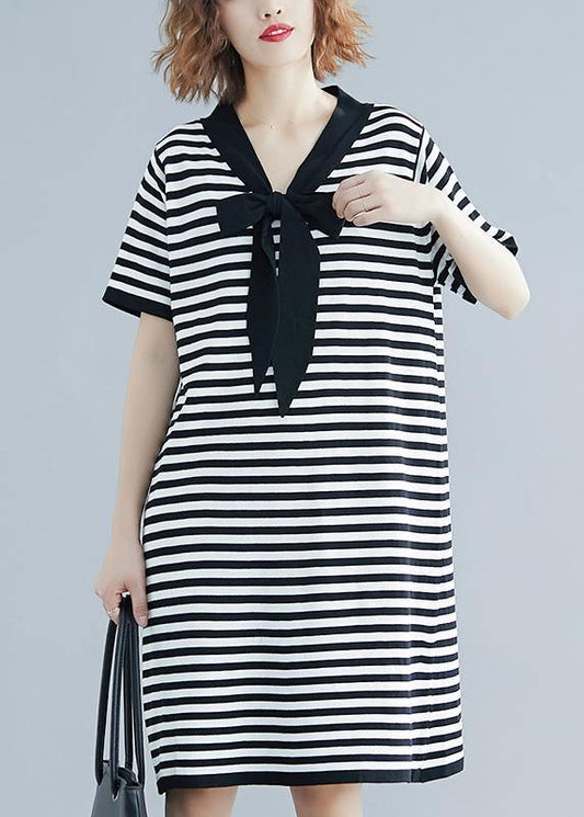 Black White Narrow Striped Short Sleeve Summer Cotton Dress