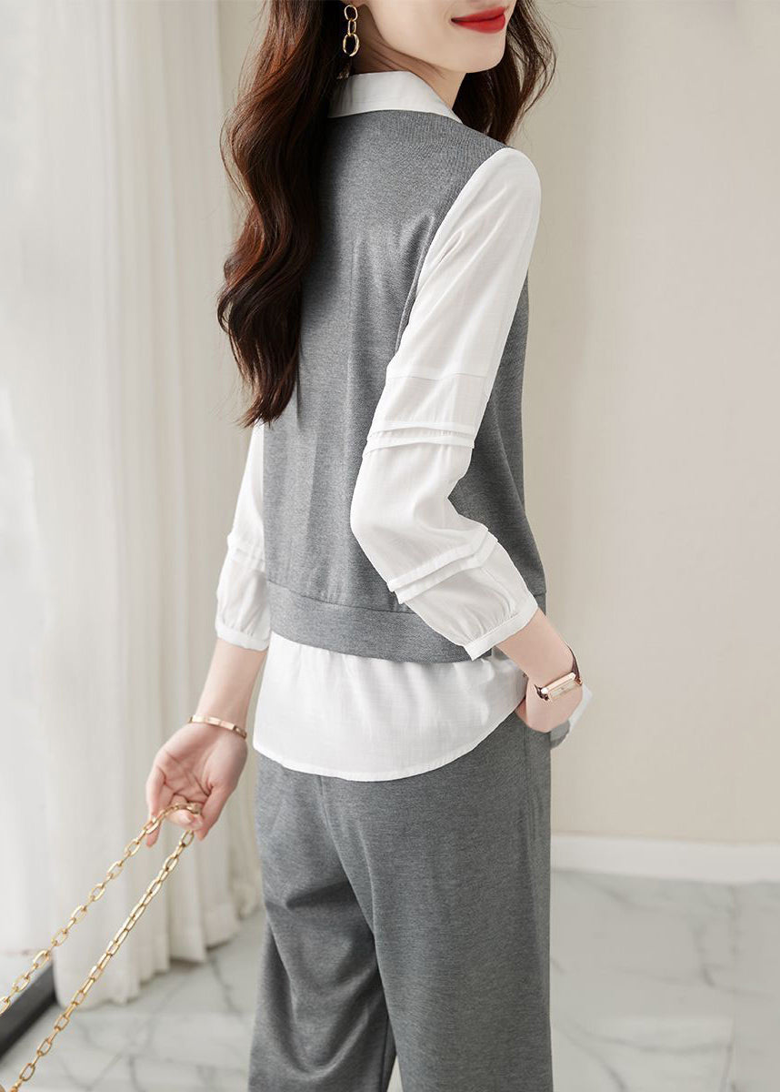 Grey Peter Pan Collar Tops and Pants Cotton Two-piece Set Fall