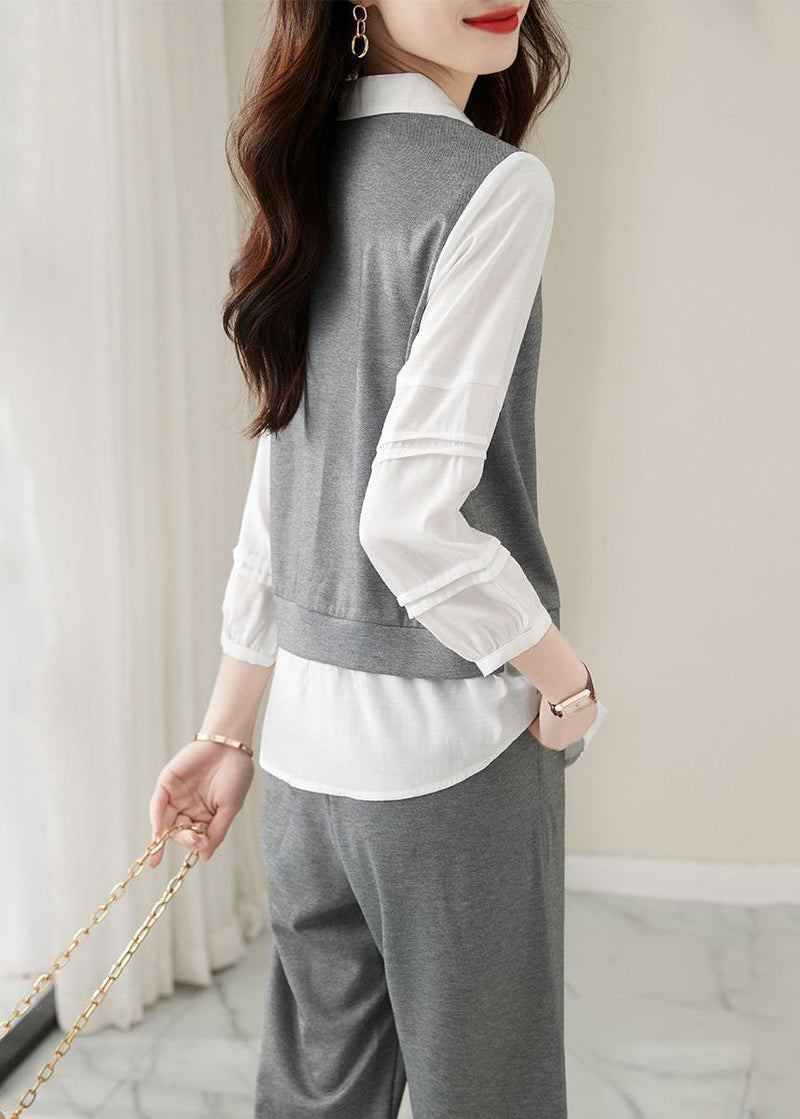 Grey Peter Pan Collar Tops and Pants Cotton Two-piece Set Fall