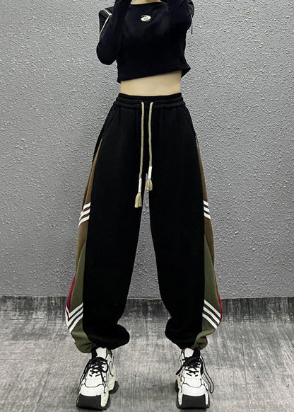 Fine Black Pockets Striped Patchwork Warm Fleece Sport Pants Winter