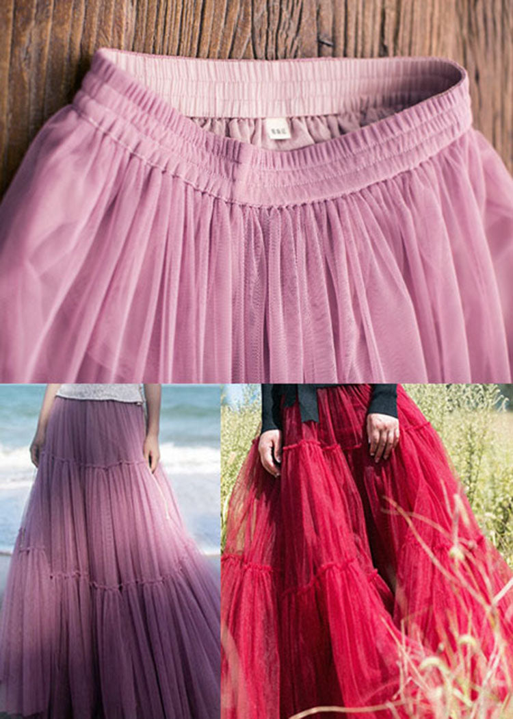 Classy Red Cinched Tulle Pleated Skirt Spring