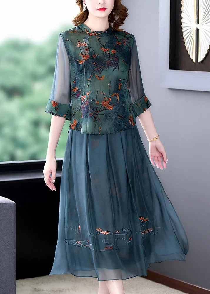 Green Embroideried Button Silk Shirts and Maxi Skirts Two Pieces Set Half Sleeve