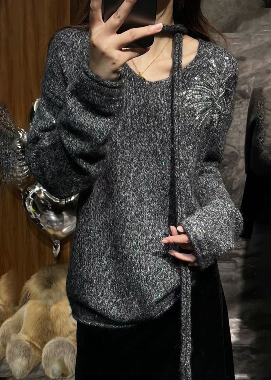 Grey V Neck Sequins Cotton Knit Sweater Fall