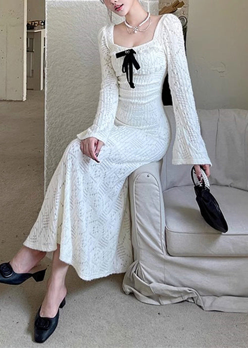 White Square Collar Hollow Out Cotton Long Dresses Spring