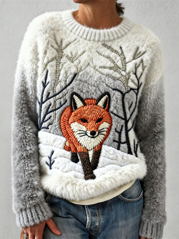 Comstylish Snowy Forest Fox Pattern Women's Cozy Flannel Sweater