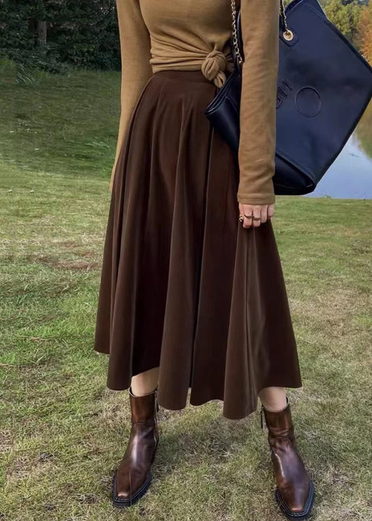 French Coffee High Waist Pockets Silk Velour Skirt Fall