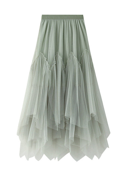 Green Asymmetrical Elastic Waist Tulle Pleated Skirt Summer