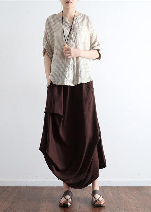 White Flowers and Birds Oversized Linen Skirts Asymmetrical Design Elastic Waist Long Skirt