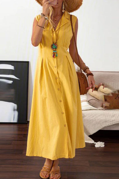 Lapel Button Sleeveless Midi Dress