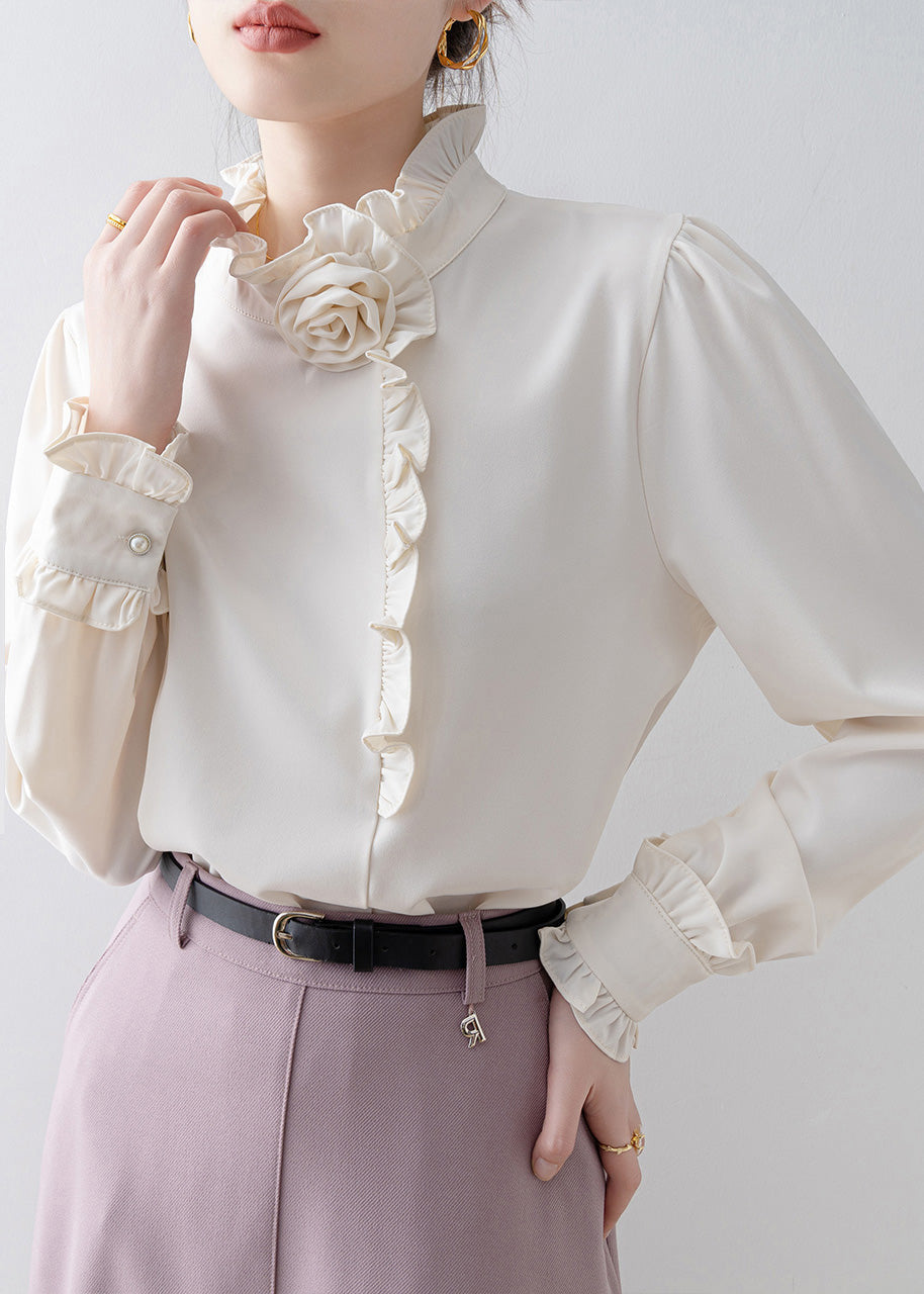 Classy White Ruffled Chiffon Shirt Top Spring