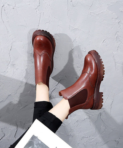 Black Chunky Cowhide Leather Hollow Out Boots