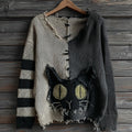 Halloween Green-eyed Black Cat Patchwork Knitted V-neck Sweater artswardrobe